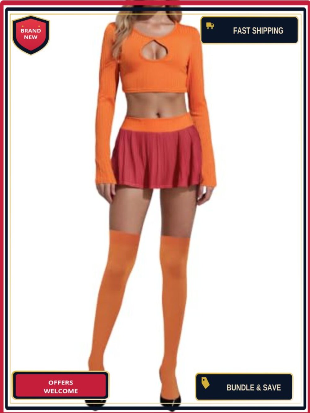 Women Velma Costume Cropped T-Shirt Pleated Skirt Set